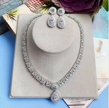 

RAKOL White Gold Color Luxury Bridal CZ Crystal Necklace and Earring Set Big Water Drop Wedding Jewelry Sets For Brides