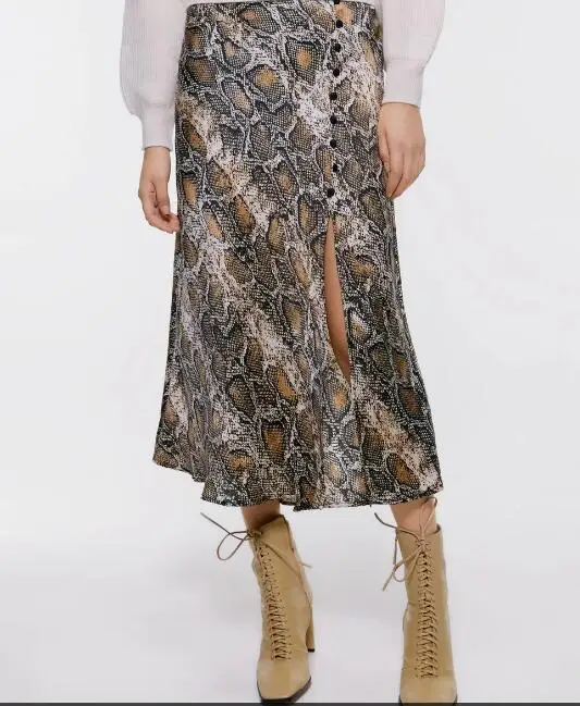 NSZ Женская юбка с животным змеиным принтом, миди-юбка с высокой талией, с высоким разрезом, на пуговицах, сексуальные юбки, Faldas mujer