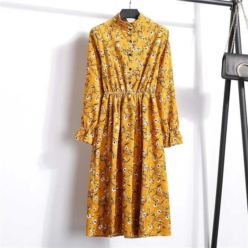 Осенне-зимнее вельветовое винтажное платье с цветочным принтом, воротником и длинным рукавом, женские вечерние платья с оборками, женское платье с высокой эластичной талией и принтом