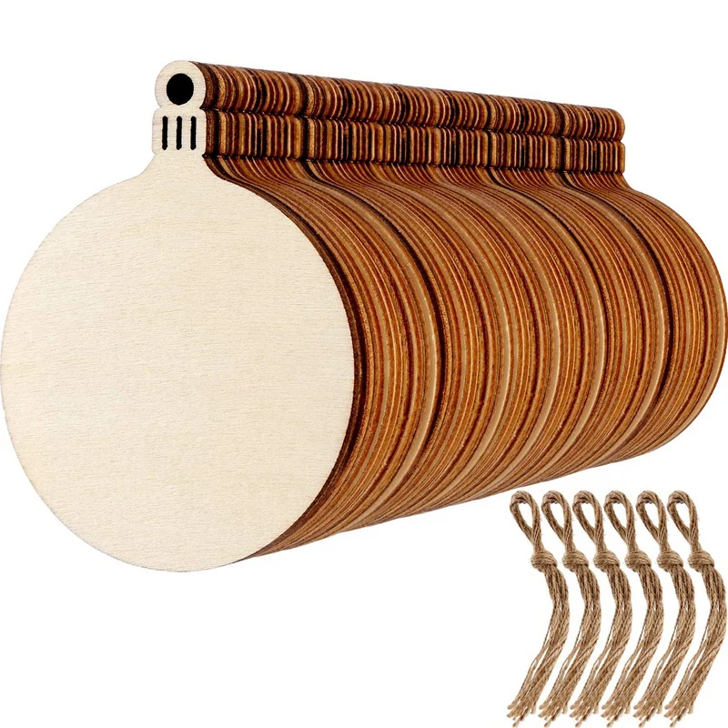 

60 Pieces Christmas Wooden Ornaments Round Wood Slices Wood Snowflake Angel Shape Slices with 60 Pieces Cords for New Year Chris