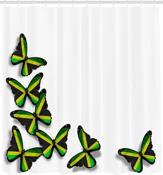 

Jamaican Shower Curtain Buterflies Flag Motifs Caribbean Animal Illustration Rasta Culture Print Cloth Fabric Bathroom Decor Set