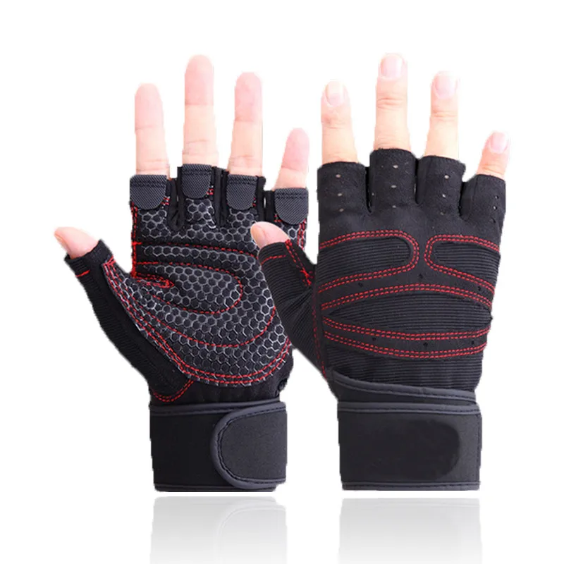 Men's Weightlifting Gloves Body Building Fitness Gym Training Red Gray Gloves 
