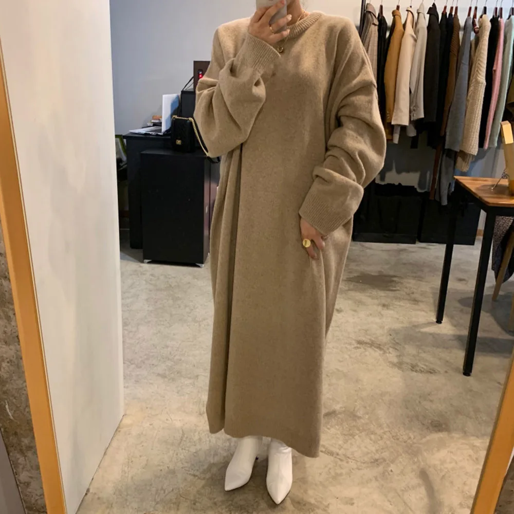 

Simple Casual Loose Knit Dress Chic Minimalist Warm Knitted Split Dress With Belt Korean Japanese Style Winter Sweater Dresses