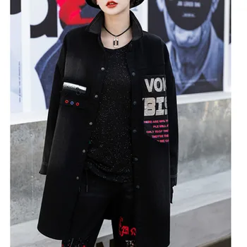 

Black Pattern Print Coats Fashion Ladie Denim Coats Womens Loose Casual Jackets Patchwork Punk Women Clothes Plus Size SA589S50