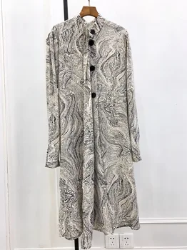 

Women Loose Dress Marble Print Long Sleeve Mid Calf Dress Female Long Dress