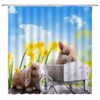 

Field Shower Curtain Cute Rabbit and Yellow Flower Under The Blue Sky Spring Fabric Bathroom Decor Curtain with Hooks,70 X 70