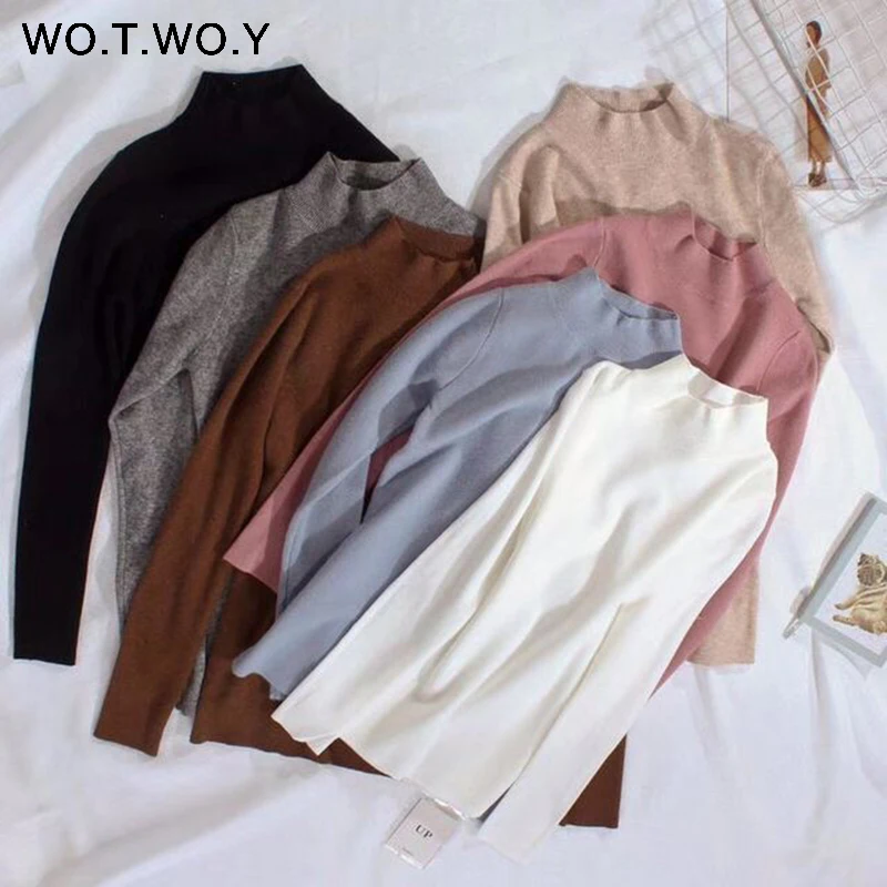 

WOTWOY 2019 Cashmere Knitted Women Sweater Pullovers Turtleneck Autumn Winter Basic Women Sweaters Korean Style Slim Fit Black