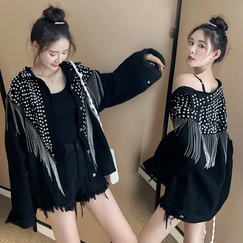 

Photo Shoot 2019 Autumn And Winter New Style Tassels Industrial Diamond Set Rivet Long Sleeve Korean-style Loose-Fit Slimming Fa