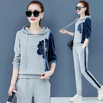 

Leisure Two Piece Set Top And Pants Velvet Hooded Ensemble Femme Survetement Floral Print Tracksuit Women Costumes For Women