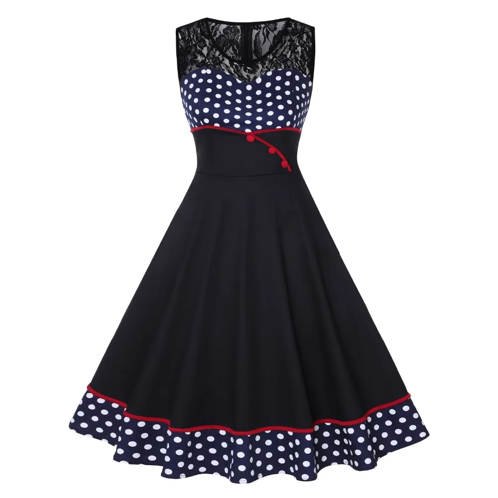 10 Plus Size Women Polka Dot Print Vintage Dress V-Neck Short Sleeve Belt Hepburn Dress Sweetheart Pin Up 50s Party Dresses Vestido - Цвет: 10