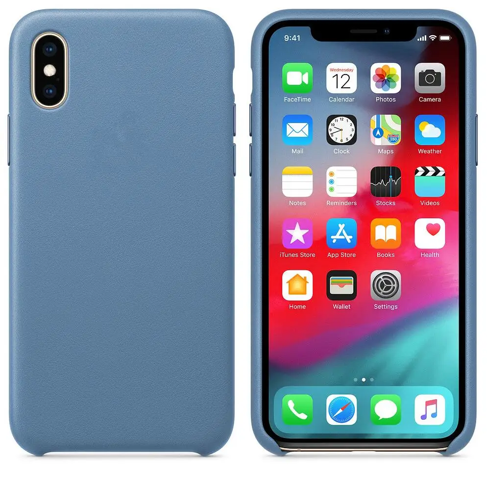 Небесно-голубой Официальный чехол из натуральной кожи для iphone X, XS, XR, XS, MAX, металлическая кнопка, настоящий кожаный чехол для iphone 7, 8, 8 Plus, чехол - Цвет: Небесно-голубой