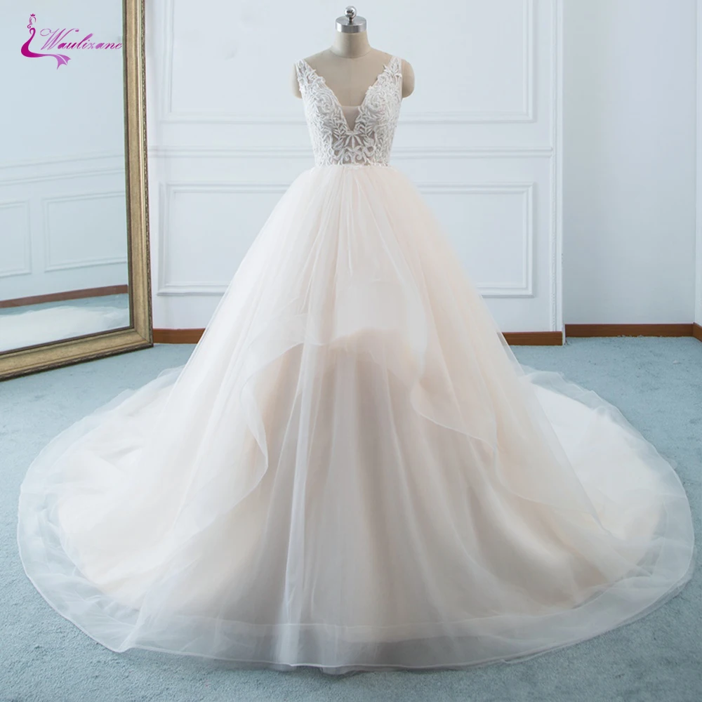 

Waulizane Sexy V Neckline Ball Gown Wedding Dress Champagne Tulle Wedding Gown Of Backless