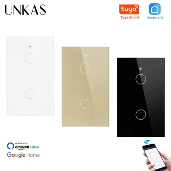 

UNKAS US Standard Luxury Glass Panel 2 Gang 1 Way Wall Touch Switch Tuya Smart Life APP Null and Fire Line WIFI Smart Switch