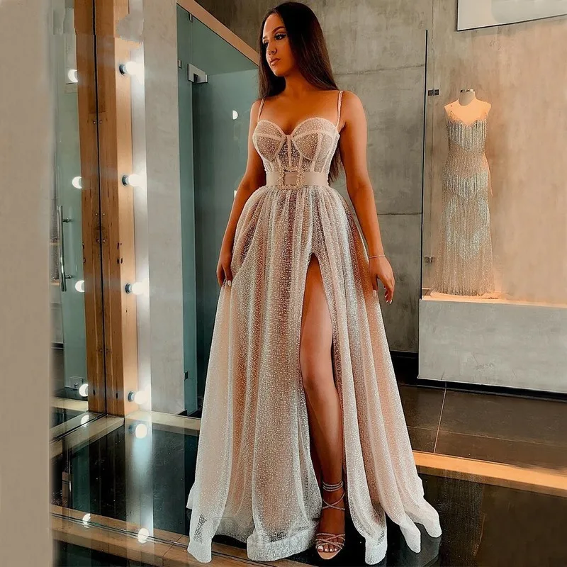 navy blue prom dresses Sparkling Sequin Evening Dresses Long A-Line Sweetheart Spaghetti Strap Sexy Split Champagne Prom Dress 2020 Formal Party Gowns orange prom dresses
