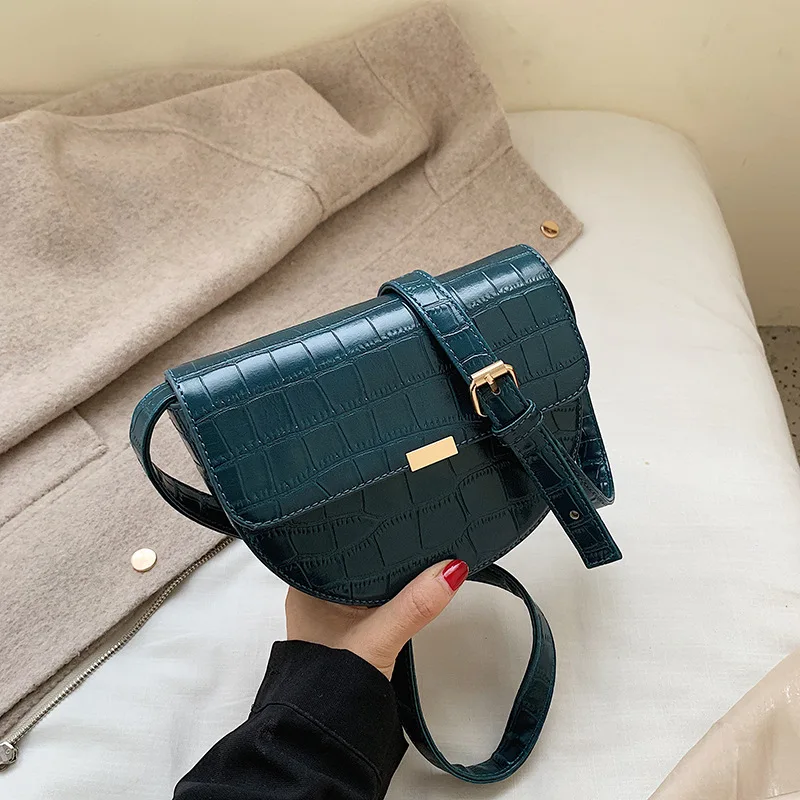 

sac a main femme de marque luxe cuir Retro fashion crocodile pattern shoulder slung saddle bag semicircle bags Crossbody bag