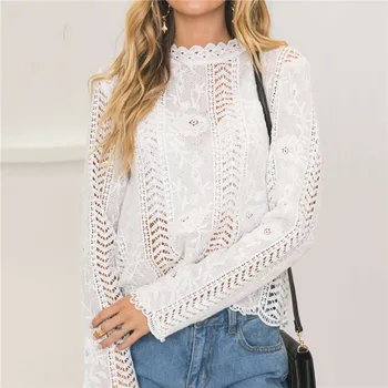 

Lace Womens Tops and Blouses Elegant long Sleeve Hollow out Mesh Loose Shirt ladies Female White Classic Clothes Streetwear