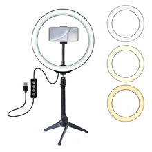 Anillo de luz con trípode y soporte para teléfono, lámpara de grabación de vídeo regulable para cámara en vivo, 26cm, 10 pulgadas, 3 modos, USB