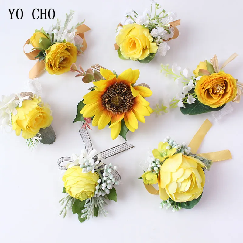 Boutonniere Flowers wedding wrist corsage flowers silk roses yellow  (53)