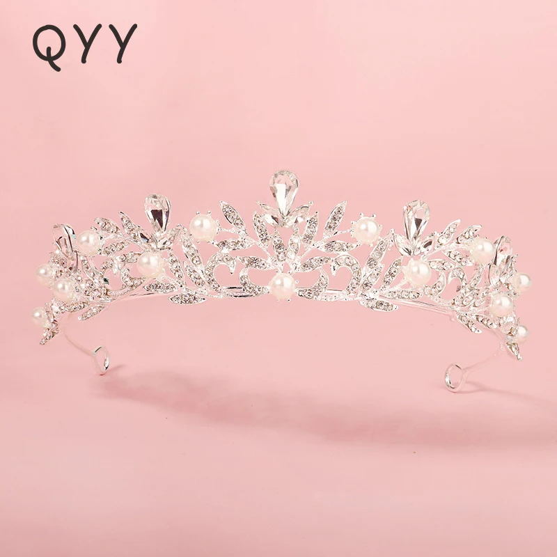 

QYY Bridal Wedding Crown Rhinestone Silver Color Pearl Tiaras and Crowns Hair Jewelry Accessories for Women Party Headpiece Gift