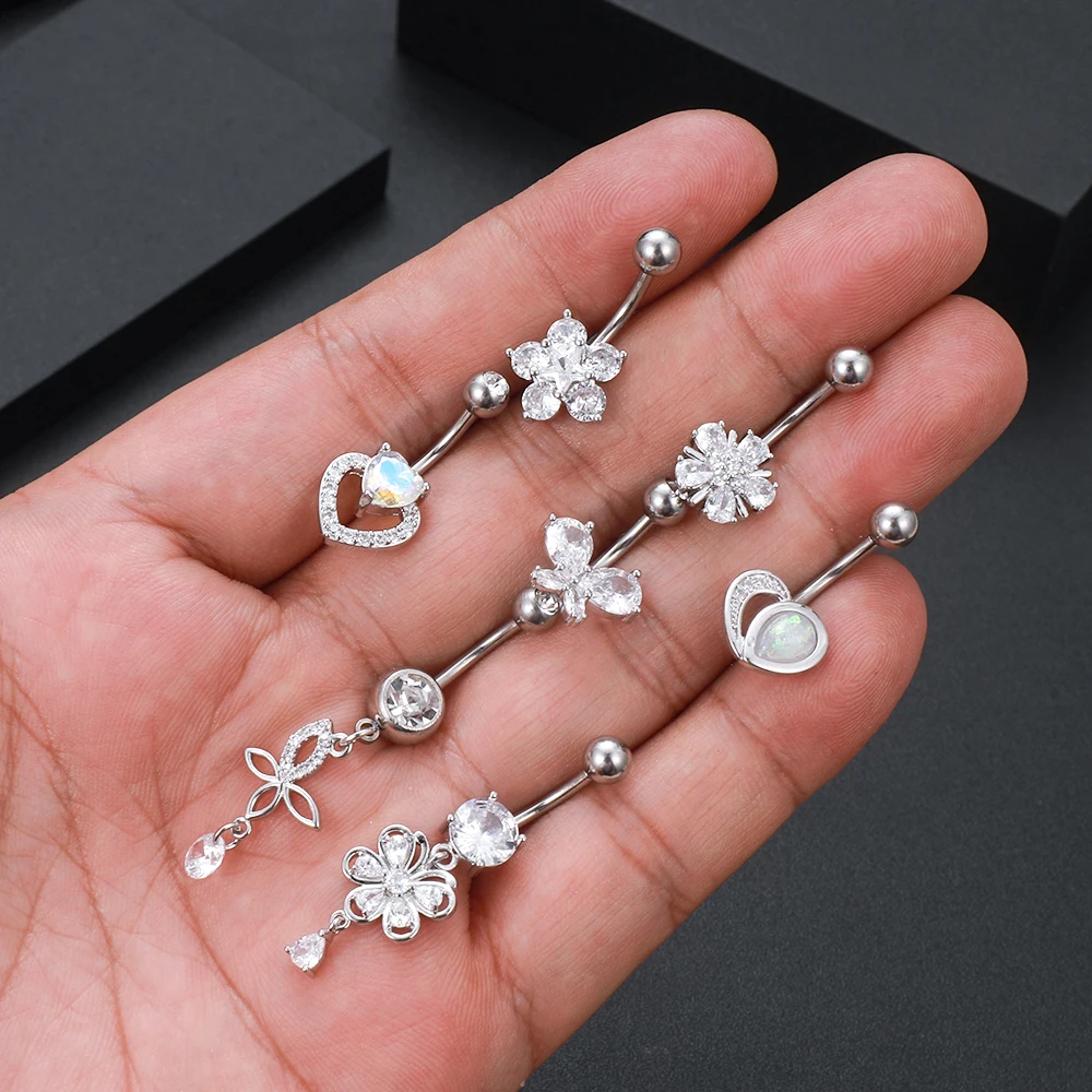 Belly button piercings heart flower butterfly 14g surgical steel crystal zircon