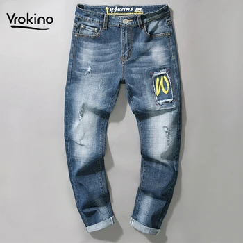 

2019 Autumn and Winter on The Market 4 Models Men's Fashion Stretch Slim Jeans Distressed Embroidered Jeans Casual Street