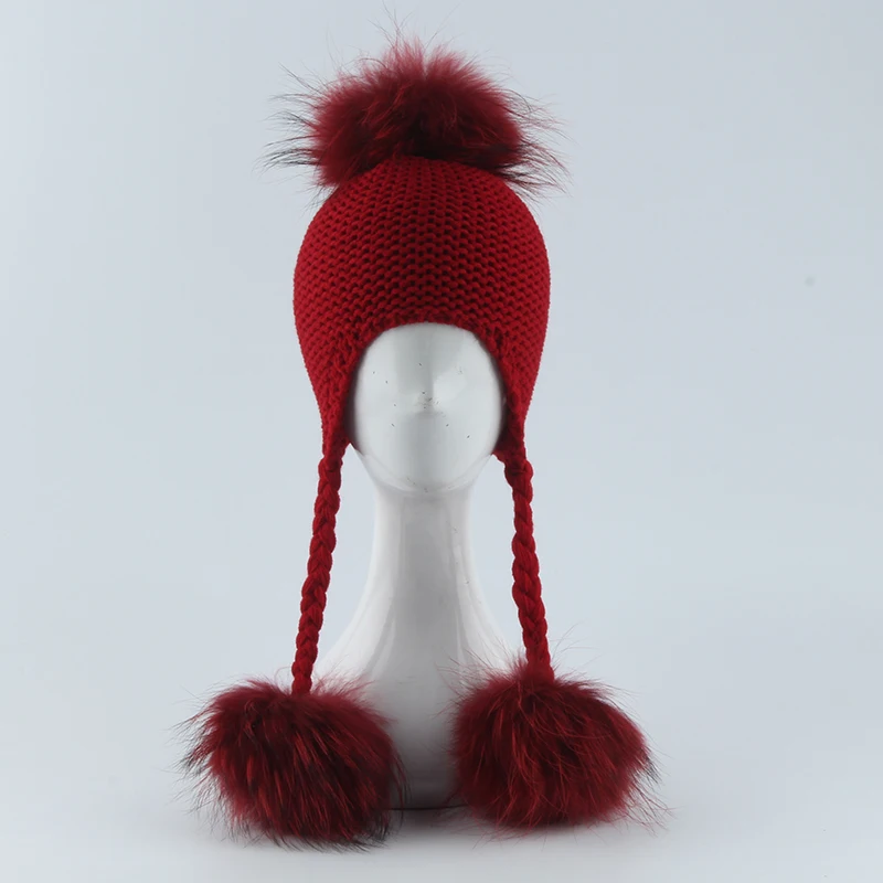 Зимняя детская Шапка-бини, Детская шапка-ушанка с 3 помпонами, шерстяная шапка с натуральным мехом, шапка с помпонами для мальчиков и девочек