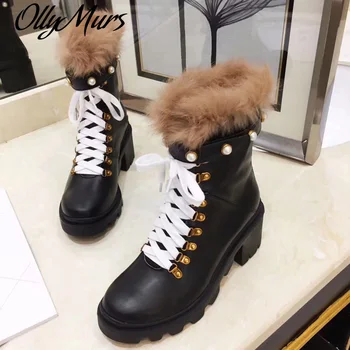 

Ollymurs New Genuine Leather Platform Boots Women Pearl Beads Fur Thick heel Ankle Boots Botas Mujer