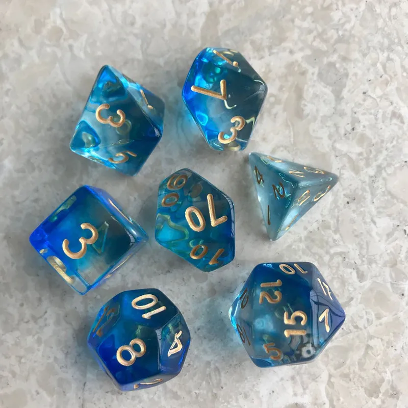 7 шт./лот, набор кубиков D4, D6, D8, D10, D10%, D12, D20, красочные прозрачные многогранные кубики для настольной игры, Набор кубиков TRPG