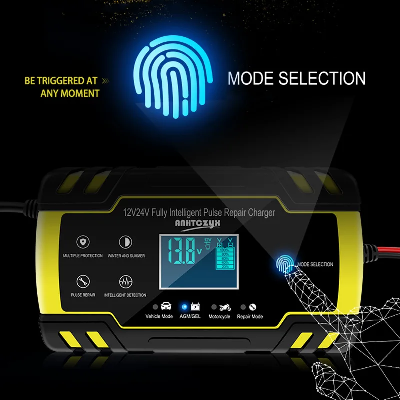 

12V/24V 8A Full Automatic Car Battery Charger Power Pulse Repair Chargers Wet Dry Lead Acid Battery-chargers Digital LCD Display