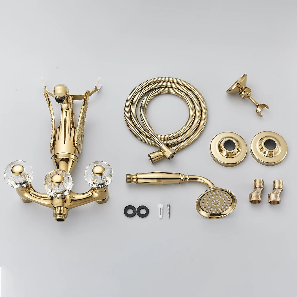 Luxury Gold Swan Bathtub Faucet Crystal Handle  Bath Sets with Hand Shower Hot Cold Mixer Tap For Bathroom Wall Mounted 6