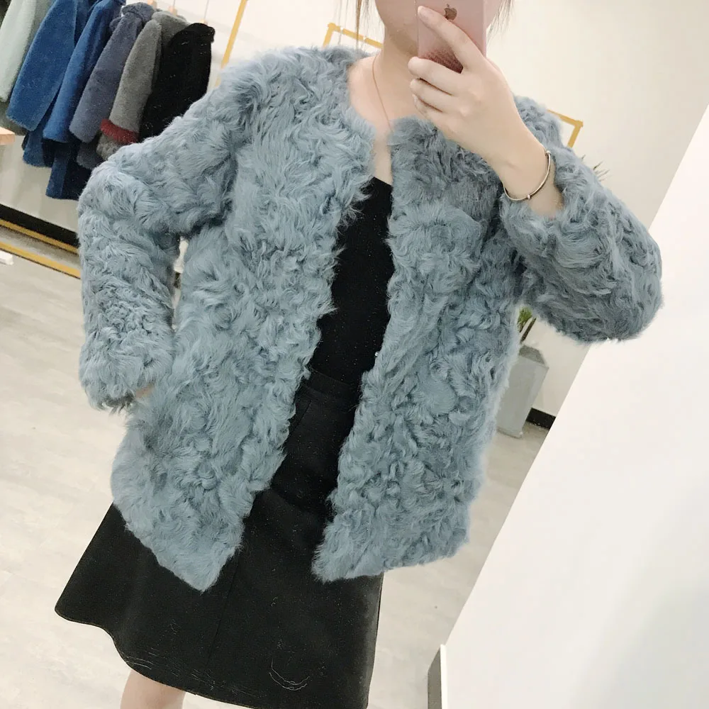 

SJ1035 2019 High Quality Blue Color Curly Lamb Real Winter Fur Jackets