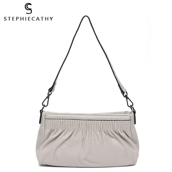

SC Women Fashion Real Leather Shoulder HandBags Luxury Pleated Design Baguette Bag Ladies Genuine Leather Small Crossbody Purses