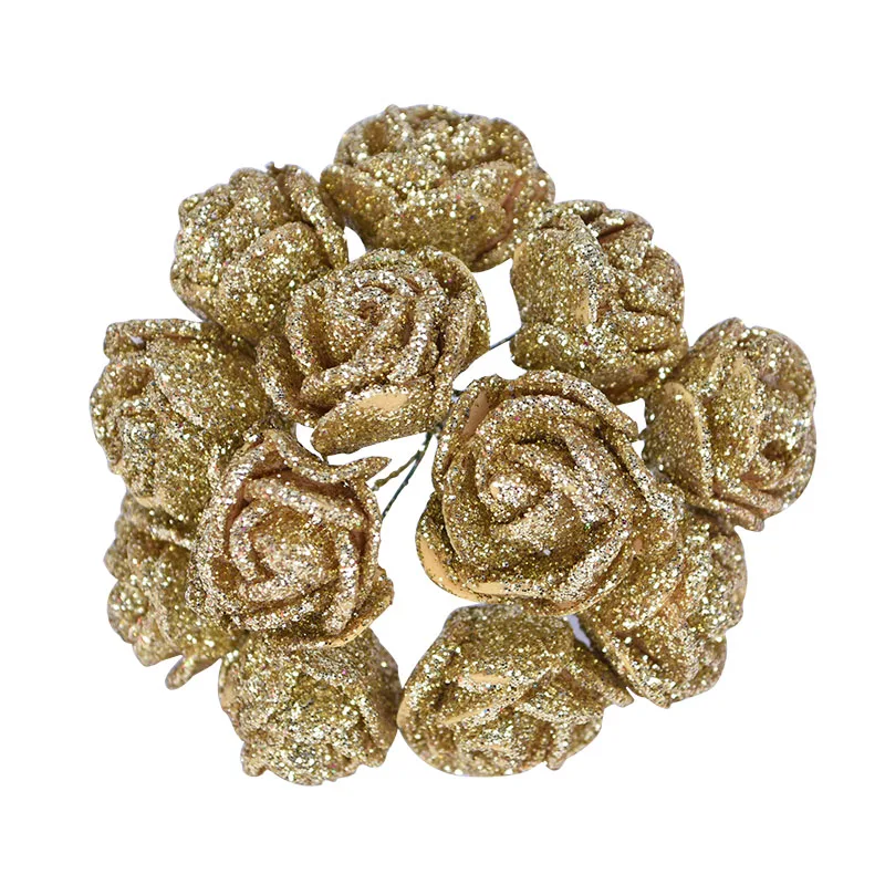 36/72/144Pcs High Quality Glitter Gold Silver Rose Flower Artificial Foam Fake Flower DIY Wreath Home Wedding Party Decoration