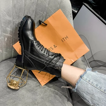 

Gothic Punk Genuine Leather Lace Up Equestrian Women Shoes 2020 New Winter Motorcycle Boots Women British Style Ankle Boots