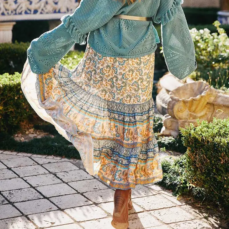 Богемный Вдохновленный цветочный длинная юбка с принтом для женщин Мода трапециевидной формы Высокая талия Кружево Кисточкой пляжные плиссированные юбки Faldas Mujer
