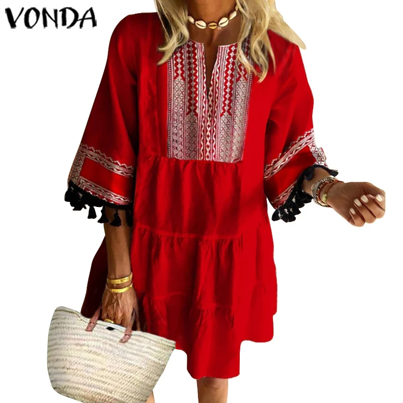 VONDA/летнее винтажное платье с принтом для беременных, сексуальное мини-платье с v-образным вырезом и рукавом до локтя с кисточками, свободный пляжный сарафан, вечерние платья