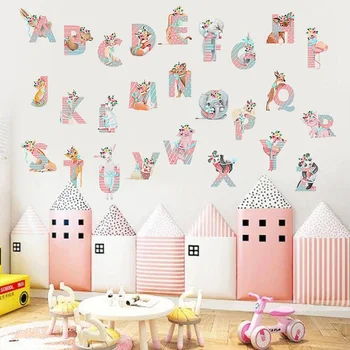 

Cartoon Animals Alphabet Wall Stickers for Kids Room Decoration Decals for Baby Nursery Living Room Home Decor Murals Poster PVC