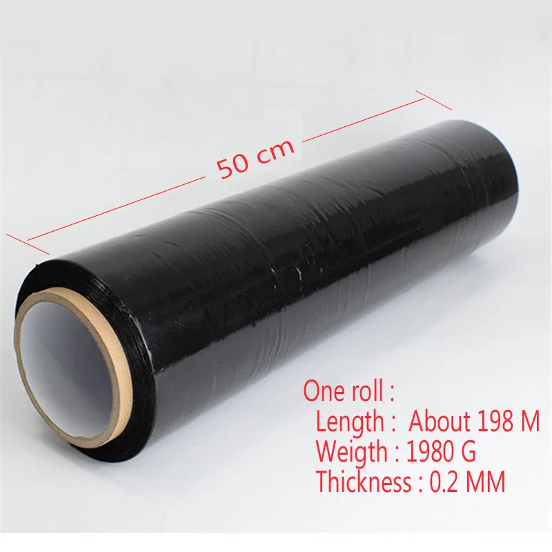 One Roll /200 Meters PE Black Winding Film Industrial Packaging Stretch Film Strong Tensile Protection Privacy Width 50cm 2Kg