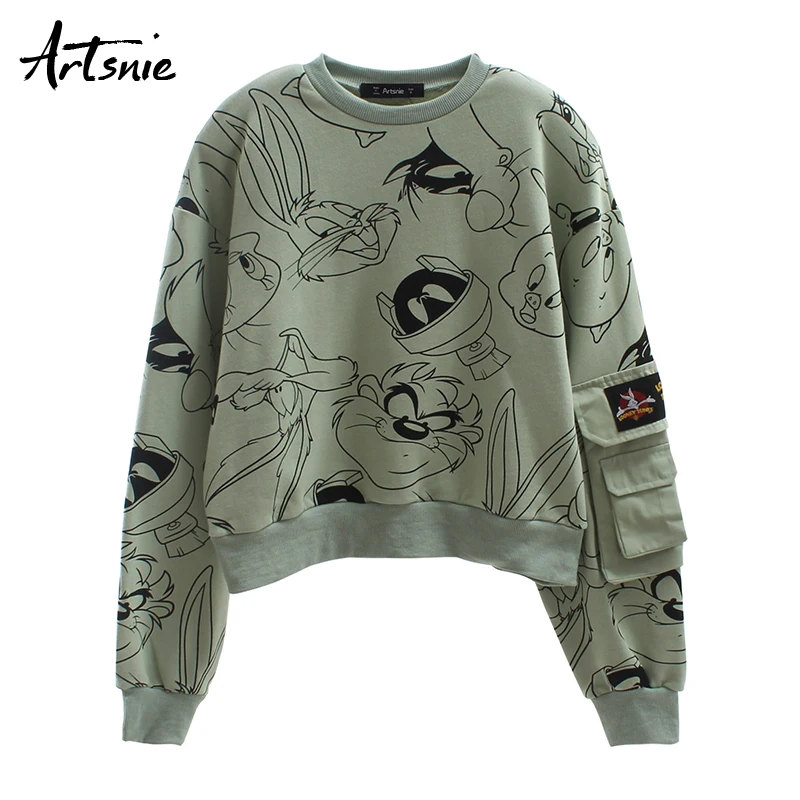 

Artsnie streetwear cartoon print cropped sweatshirt women autumn o neck drop shoulder crop hoodies casual pockets sweatshirts