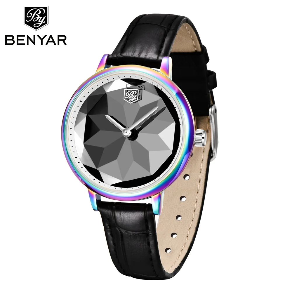 BENYAR Роскошные Брендовые женские кварцевые часы женские кожаные фиолетовые наручные часы с бриллиантами для женщин reloj mujer montre femme - Цвет: gold gray