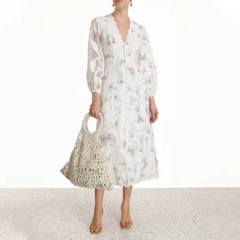 

New minority white print V Neck long sleeve fashion court style long dress female