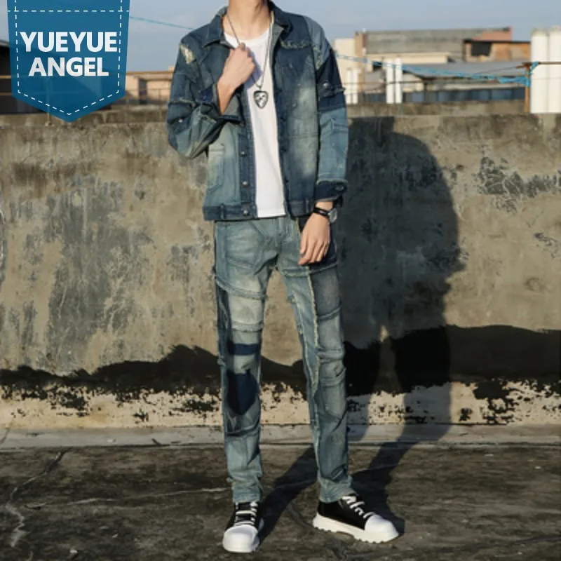 

Women Fashion Mixed Colors Spliced Autumn Winter Mens Loose Denim 2Pcs Sets Long Sleeve Single Breasted Jacket Full Length Pants