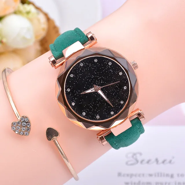 Модные женские часы, повседневные, звездное небо, женские часы, кожаный женский браслет, кварцевые наручные часы, reloj mujer relogio feminino - Цвет: Green Color