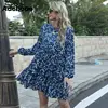 Aachoae Elegant Floral Print Mini Dress O Neck Loose Casual Pleated Dress Lantern Long Sleeve Beach Dress Summer Autumn Vestidos ► Photo 1/6