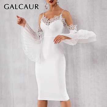 

GALCAUR Elegant Sexy Hollow Out Dresses Female V Neck Flare Sleeve Off Shoulder High Waist Party Dress Women 2020 New Clothes