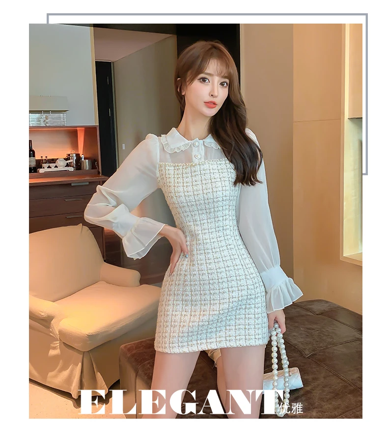 Fashion Women Woollen Dress Autumn Winter Plaid Tweed Patchwork Chiffon Peter Pan Collar A Line Short Dress black dress