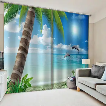 

Custom blue beach curtains 3d curtains new window balcony thickened windshield blackout curtains