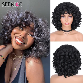 Short Hair Afro Curly Wig With Bangs For Black Women Synthetic Fluffy Ombre Glueless Cosplay Wigs