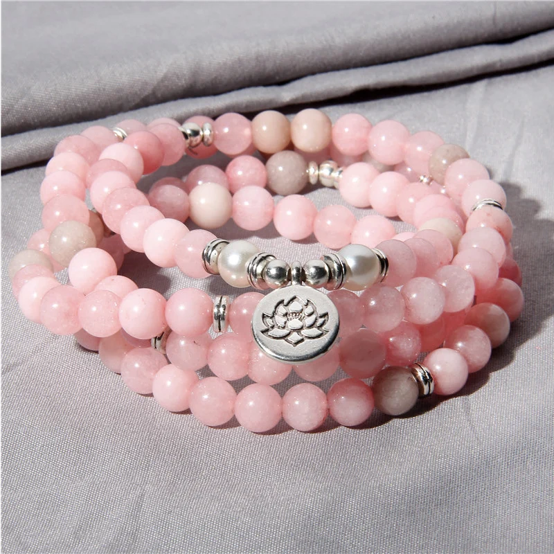 Натуральный камень браслет для женщин 108 мала-Йога ожерелье розовые бусины из нефрита браслеты для женщин модные ювелирные изделия