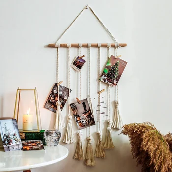

Handmade Woven Hanging Photo Display Macrame Wall Hanging Pictures Organizer Tapestry Home Decor, with 20 Wood Clips